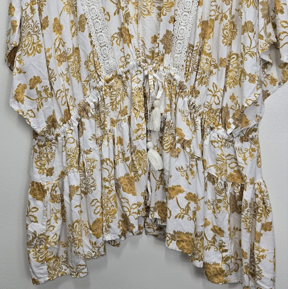 TORRID Ruffle Kimono Top Sz 00 12 14 Yellow Floral Boho Bohemian - Picture 2 of 9